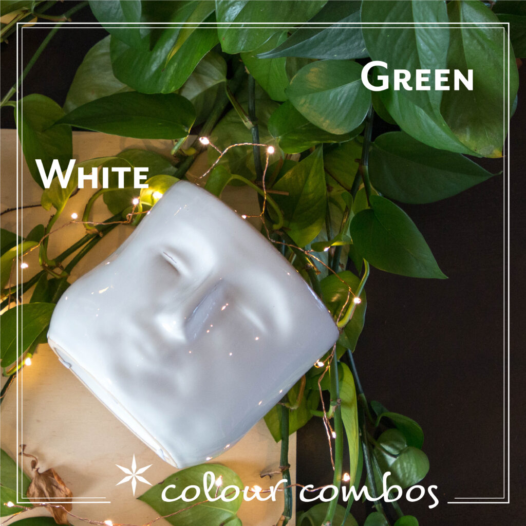 A white plant pot with a soft textured face featured against a background of soft green leaves and fairylights.