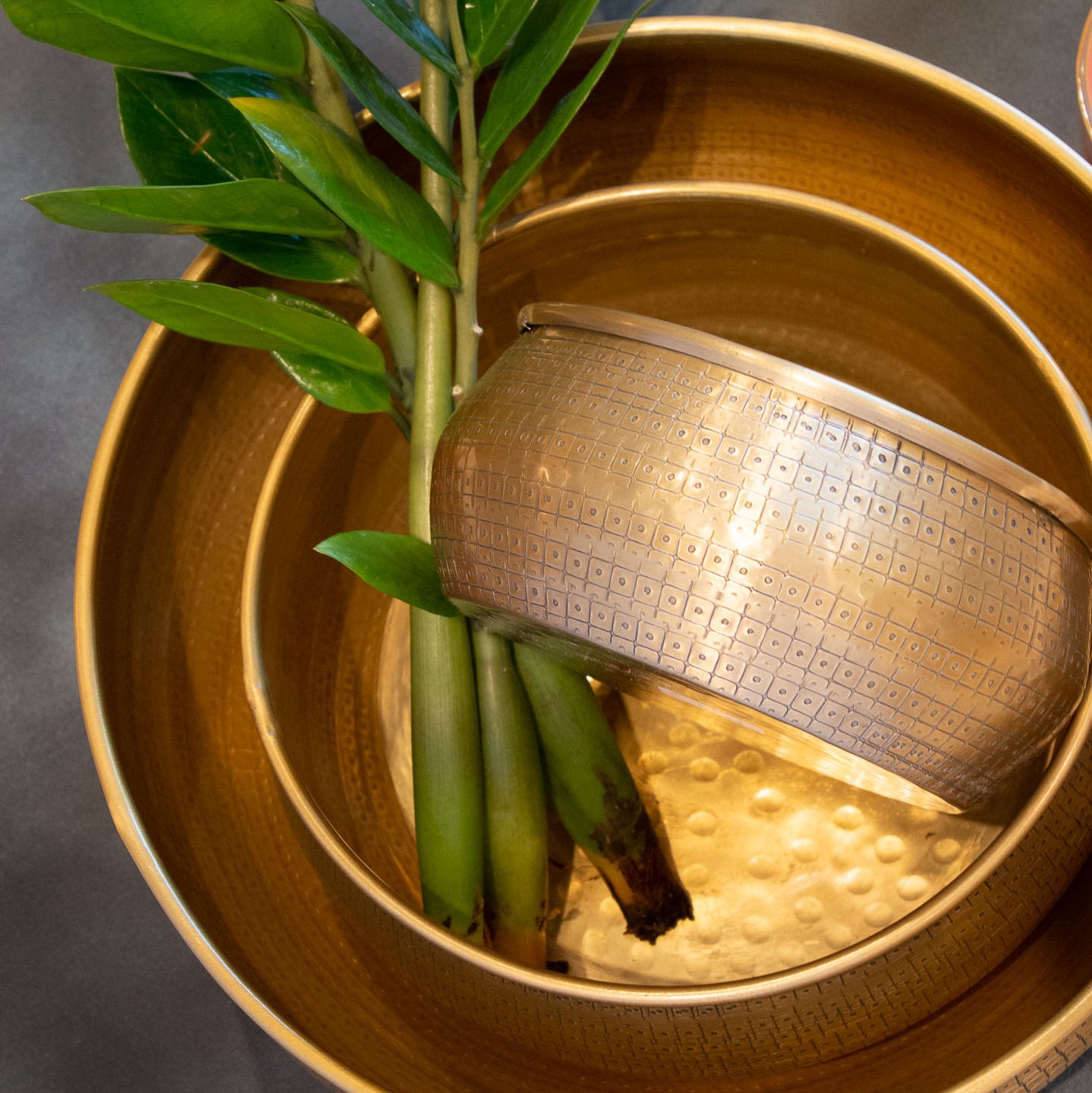 Image features all 3 sizes of the gold Tembesi bowl planter inside each other and some plants.