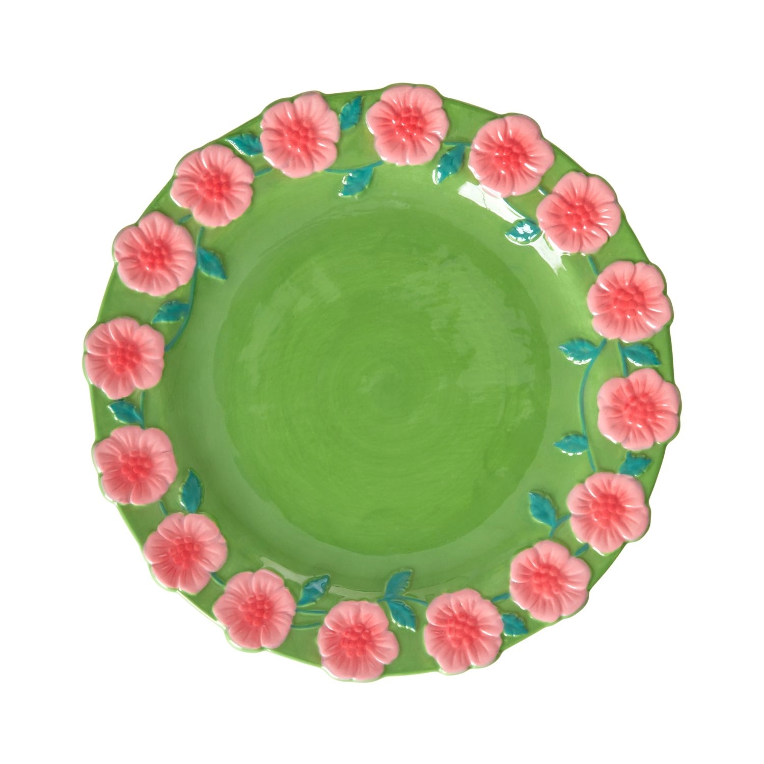 Rice Ceramic Lunch Plate with Embossed Flower Design - Green